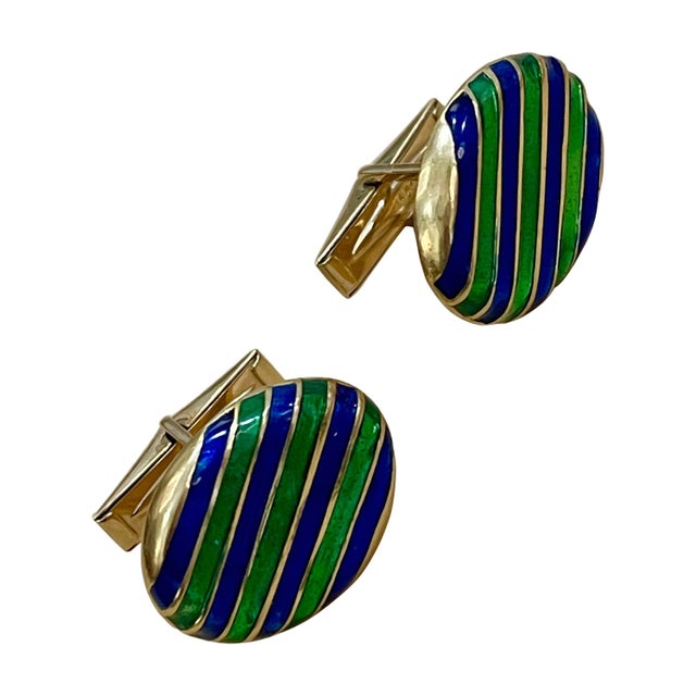 Blue Green Enamel Oval Cufflinks in 14 Karat Yellow Gold 15.5 Gm, Men's For Sale - Image 4 of 8