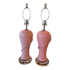 Vintage Art Deco Murano Palm Beach Pink Glass Table Lamps Newly Wired
