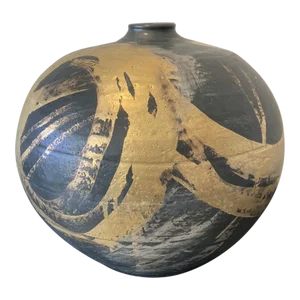 Black, 23k Gold and Platinum Studio Pottery Vase by Tatiana