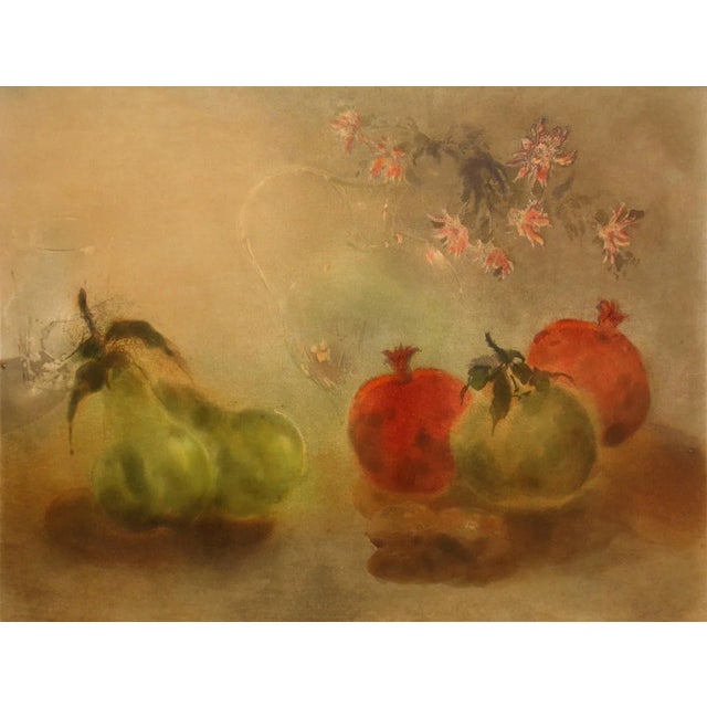 Kaiko Moti "Sur Ma Table" Pomegranates and Pears Still Life Hand Signed Color Etching Unframed For Sale