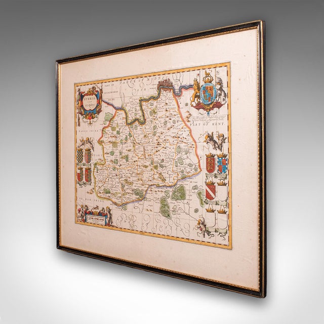 English Antique Map of Surrey, English, Framed County Cartography, After Blaeu, c.1690 For Sale - Image 3 of 12