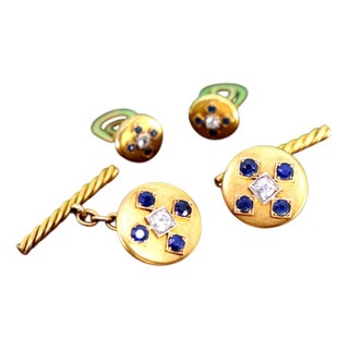 Gold Cufflinks in Button Shape with Four Synthetic Sapphires, Set of 2 For Sale