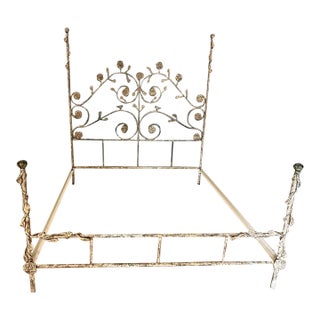 Vintage King Size Decorative Iron Four-Poster Bed With Floral & Bird Motif For Sale