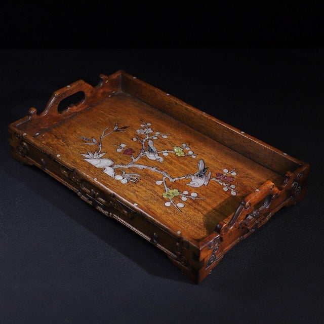 Chinese Huali Rosewood Tea Tray Inlaid With Mother-of-Pearl For Sale - Image 3 of 10