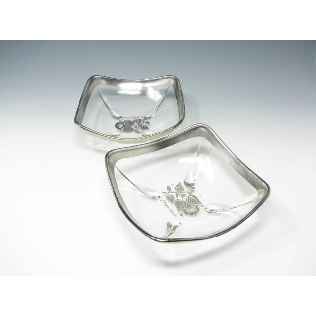 Vintage pair of Georges Briard Damask square footed glass serving dishes with sterling silver overly leaf pattern and rim.