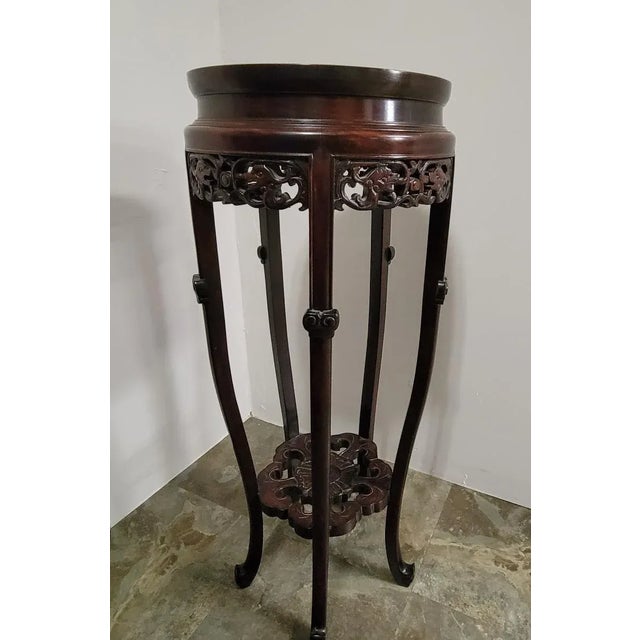 Brown Chinese Carved Wood Display Pedestal Plant Stand With Inset Marble Top For Sale - Image 8 of 8