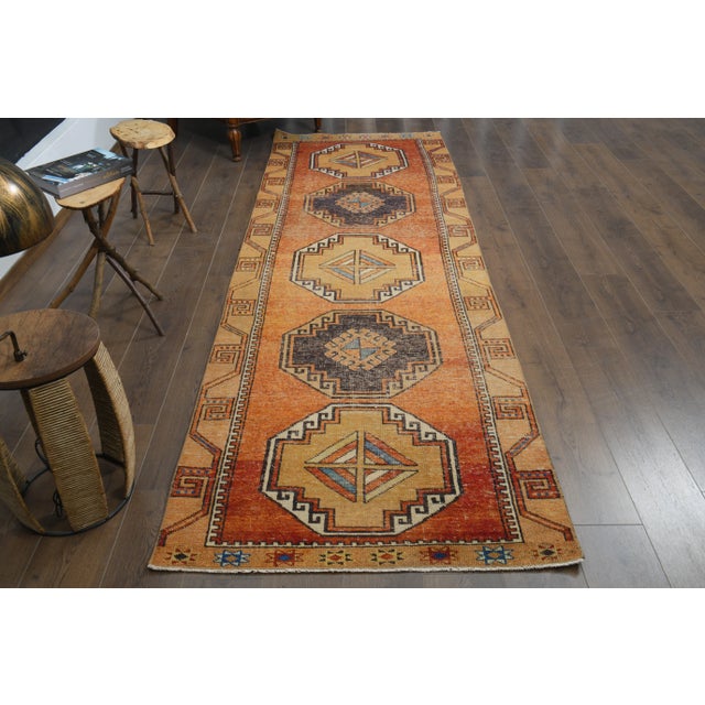 Vintage Turkish Hand-Knotted vintage rug is a semi-antique vintage runner rug.'70s Eastern region of Turkey's unique rug...