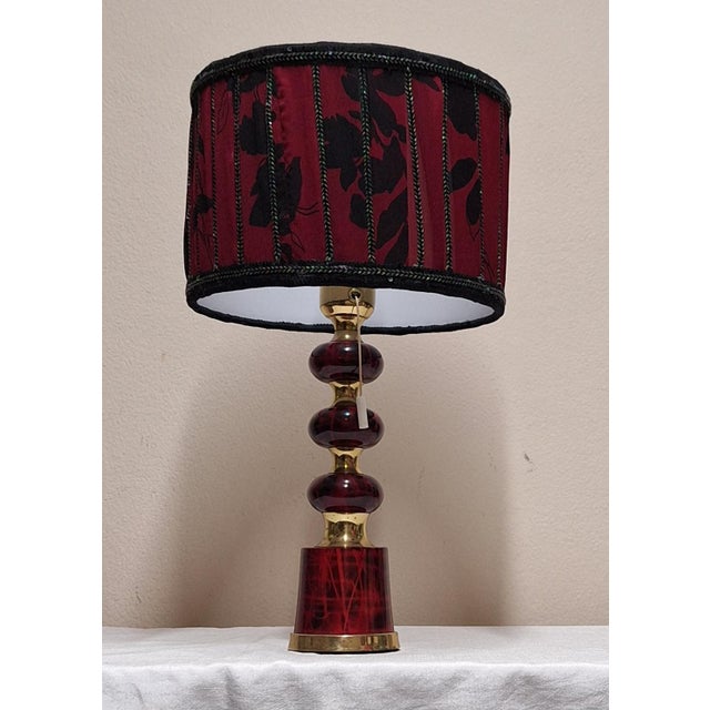 Vintage Red and Black Ceramic Table Lamp with Brass Details and Fabric Shade, 1990s For Sale - Image 6 of 10