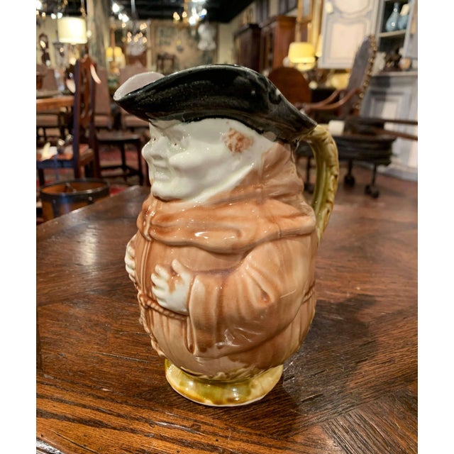 19th Century French Onnaing Barbotine Ceramic Monk Pitcher For Sale - Image 4 of 11