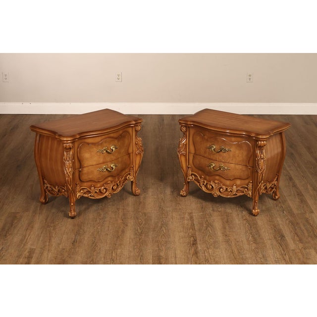High Quality Vintage Pair of Carved Walnut Finish Nightstands or Bedside Chests, Each with Two Dovetailed Drawers and...
