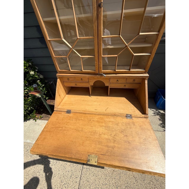 Wood Mid 20th Century Pine Slant Front Secretary Desk With Bookcase For Sale - Image 7 of 8