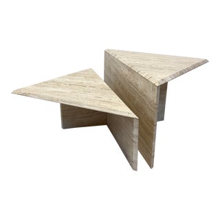 Polished Italian Travertine Triangle Coffee Tables - Set of Two For Sale