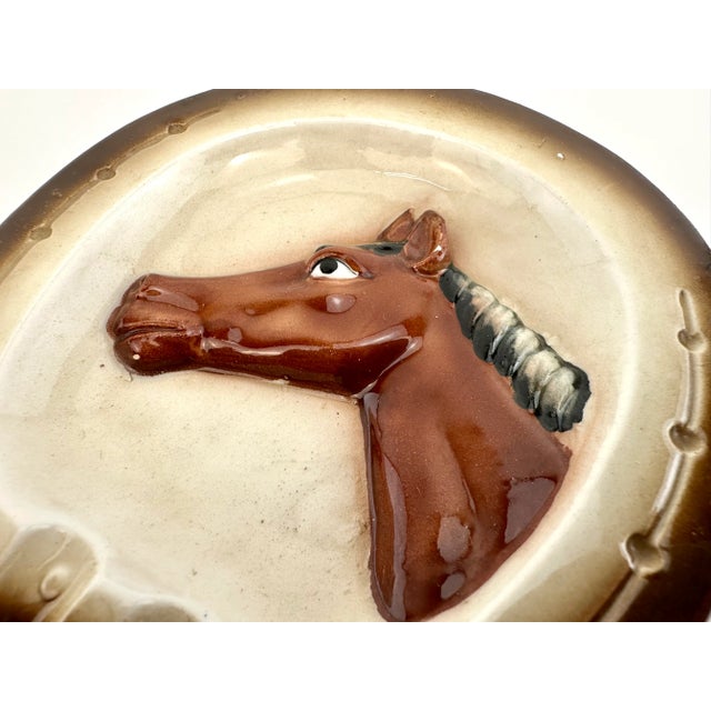 Farmhouse Vintage Mid Century Ceramic Horse Ashtray With Horseshoe Rim For Sale - Image 3 of 9
