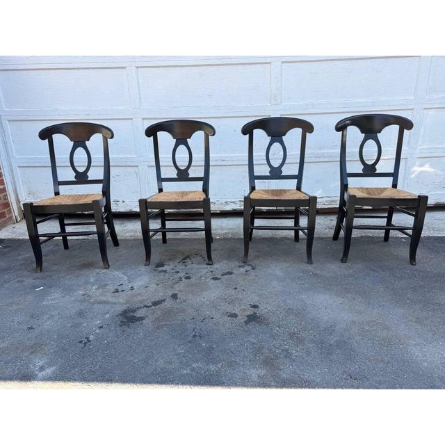 Pottery Barn Napoleon Black Rush Seat Modern Dining Chairs- Set of 4 It features curved top rail and open splat back on...