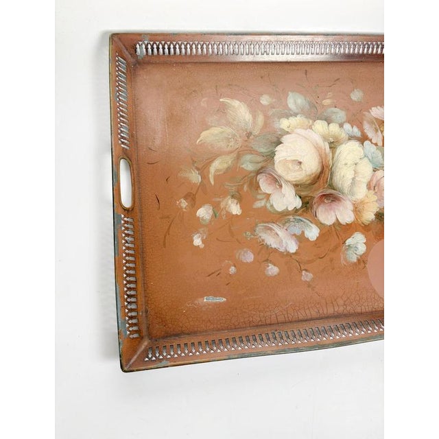 1950s Red Metal Tray with Floral Decoration, France, 1950s For Sale - Image 5 of 10
