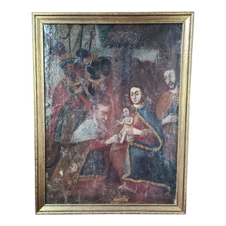 Antique 18th Century Religious Cuzco Oil Painting the Adoration of the Magi For Sale