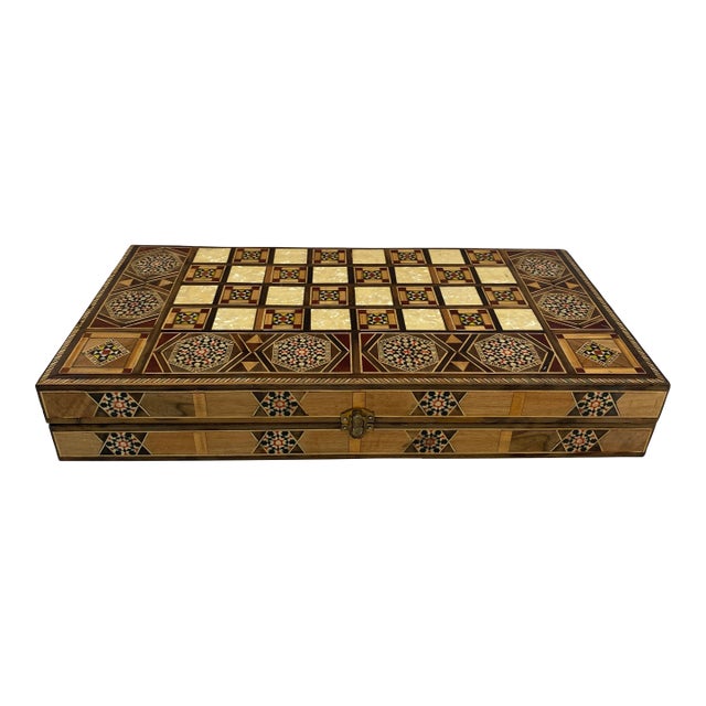 Syrian Style Mosaic Wooden Inlaid Marquetry Box Backgammon Set For Sale