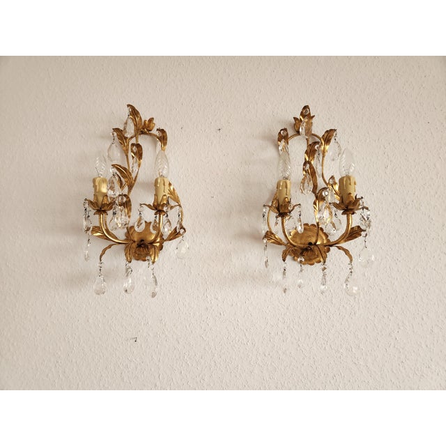 Mid-Century Regency Modern Boheme Shabby Chic Forged Gold Leaf Gilded Floral Two Light Sconce with Crystal Drops, Italy, 1950s, Set of 3 For Sale - Image 17 of 18