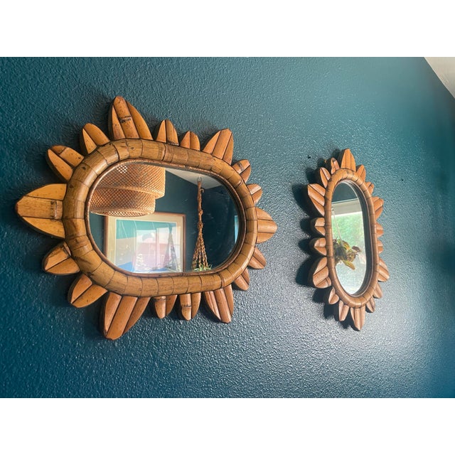 2 Boho Vintage Rattan Starburst Wall Mirrors For Sale - Image 4 of 9