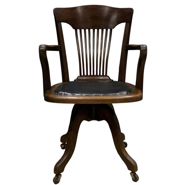 Antique Victorian Oak Railback Clerks Desk Chair with Porcelain Castors, 1890s For Sale - Image 12 of 12