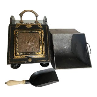 Highest Quality Victorian Aesthetic Japanned Metal Complete Coal Scuttle Box, Purdonium Original Shovel Marked H.Loveridge & Co. The Edinburgh C1880 For Sale