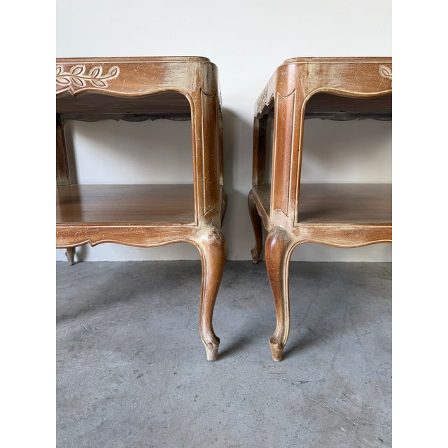 White Vintage French Provincial Style Two Tier Marble Top End Tables – A Pair For Sale - Image 8 of 17