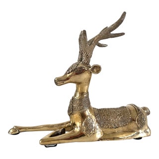 Vintage Decorated Seated Brass Deer Stag For Sale