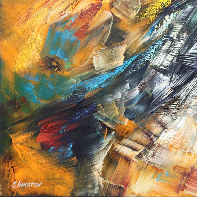 Golden Chrysanthemum - Colorful Textured Oil Painting Original Artwork by Sergei Inkatov For Sale - Image 4 of 9