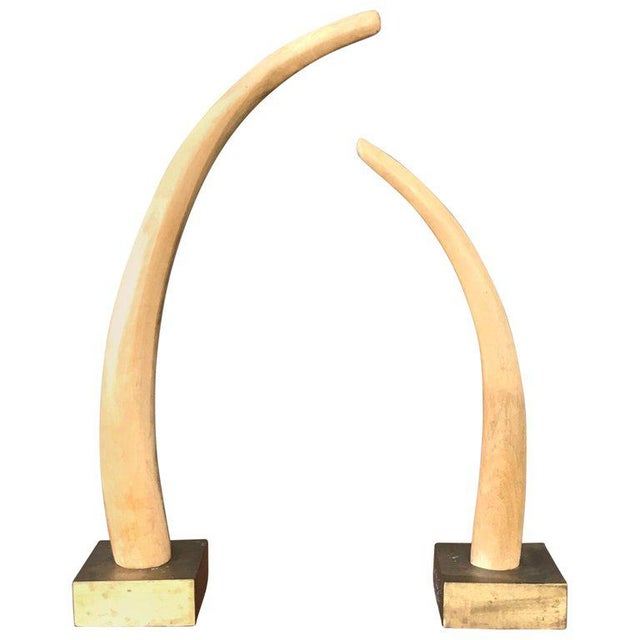 Monumental Pair of Tall Carved Wood Elephant Tusks Brass Bases Chairish