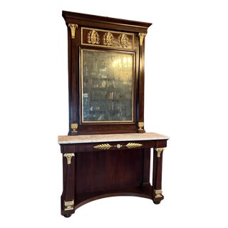 Italian Empire Mahogany and Parcel Gilt Console with Mirror and Carrara Marble Top For Sale