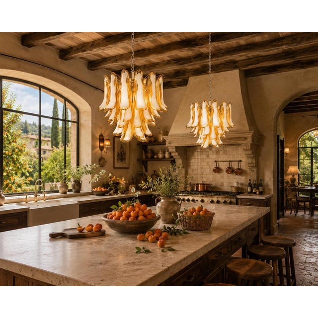 Pair fantastic chandeliers with caramel and white “lattimo” glasses, nickel-plated metal frame. It has 41 big monumental...