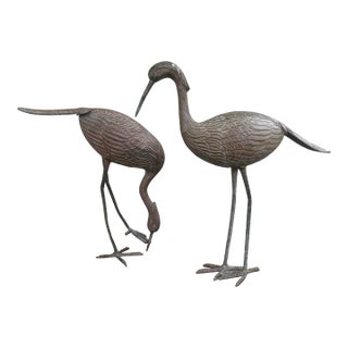 Pair of Vintage Bronze Patina Crane Sculptures in Complementary Poses For Sale