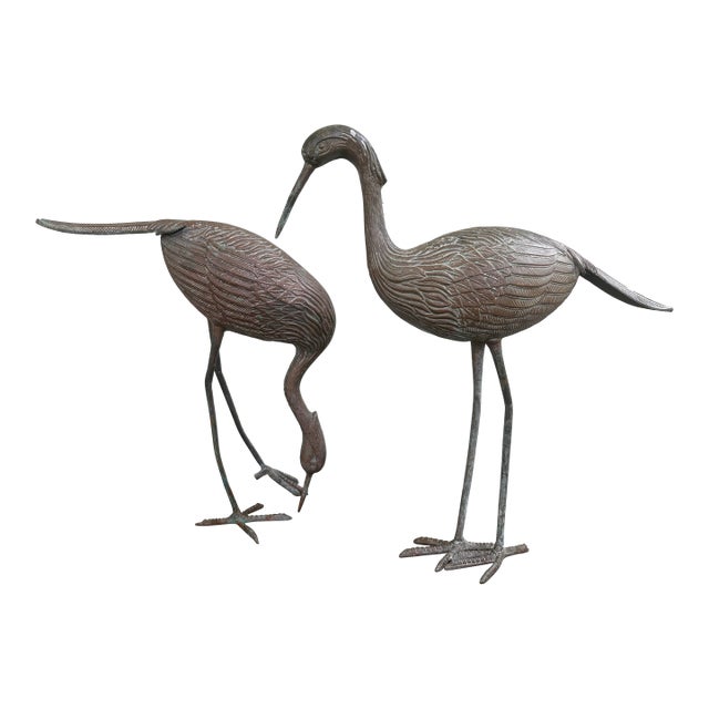 Pair of Vintage Bronze Patina Crane Sculptures in Complementary Poses For Sale