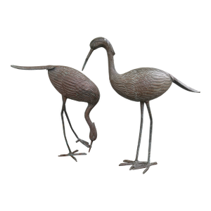 Pair of Vintage Bronze Patina Crane Sculptures in Complementary Poses