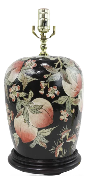 Vintage Black and Peach Fruit Pattern Table Lamp
