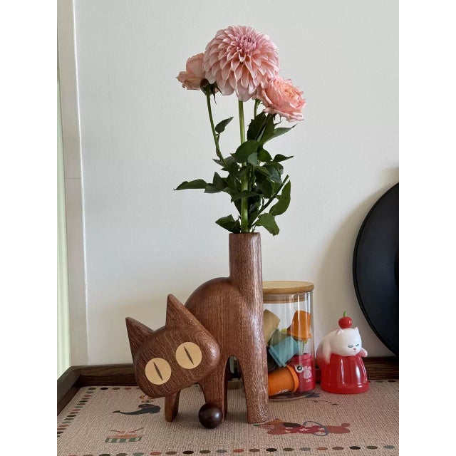 2020s Whimsical Handmade Wood Cat Figurine Bud Vase For Sale - Image 5 of 5