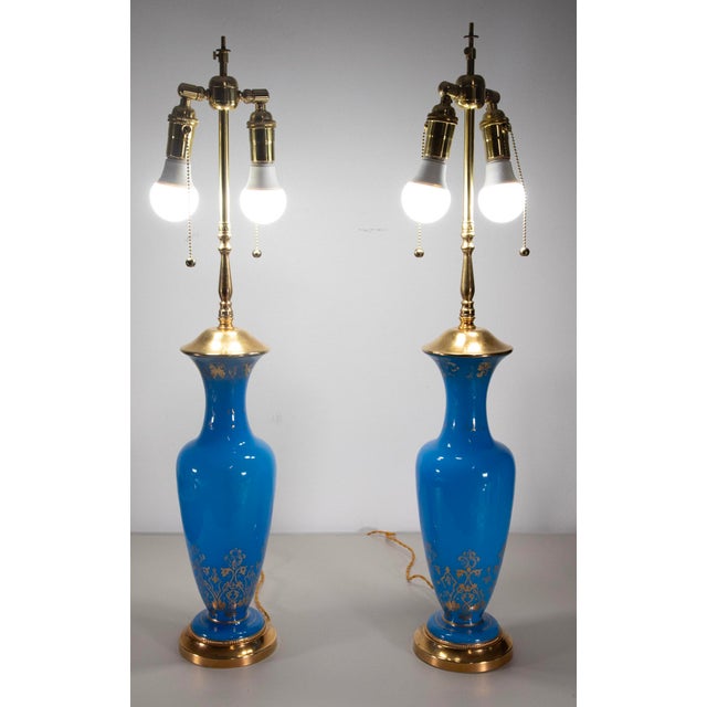 19th Century French Turquoise Opaline Glass Ormolu Table Lamps - Pair For Sale - Image 10 of 14