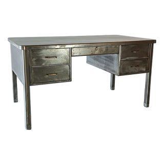 Vintage Polished Double Pedestal Steel Desk For Sale