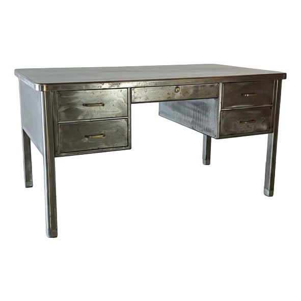 Vintage Polished Double Pedestal Steel Desk For Sale