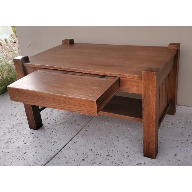 Rare 1900s Antique Mission Oak Craftsmen Library Table With Pullout Writing Desk With Ink Well For Sale In Los Angeles - Image 6 of 16