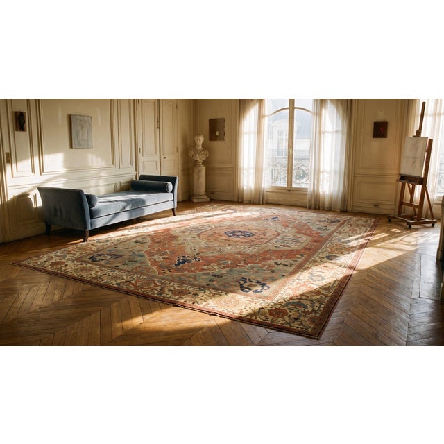 1880s Ivory Salmon Medallion Antique n.w. Persian Serapi Rug 116" X 15'10" Handknotted Wool Carpet For Sale - Image 12 of 12