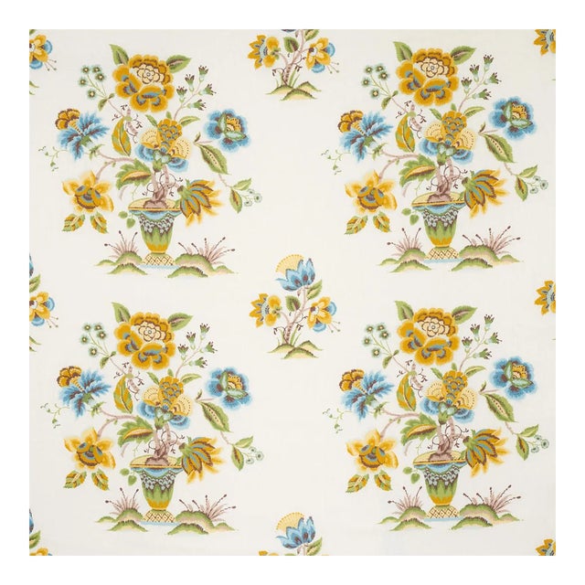 Sample - Schumacher Ashford Linen Fabric in Ochre & Sky For Sale