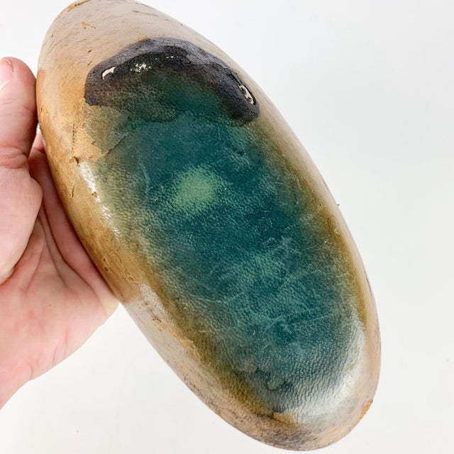 Vintage Marcello Fantoni Style Leather Wrapped Hand Painted Cat Ceramic Dish MCM For Sale In Baltimore - Image 6 of 9