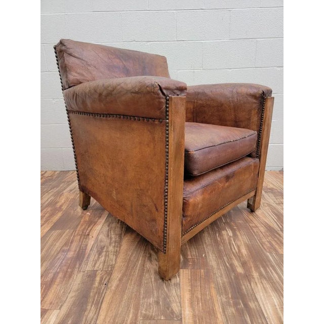 Vintage French Art Deco Distressed Brown Leather Club Chair For Sale - Image 4 of 10