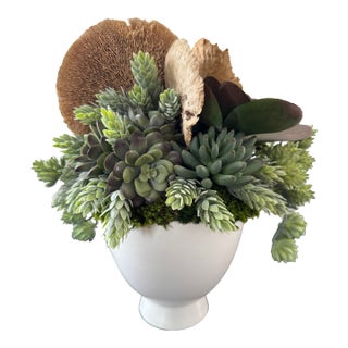 Organic Faux Succulent Arrangement in White Ceramic Pedestal Vessel For Sale