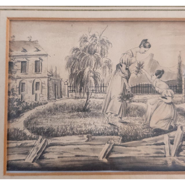 19th Century European English Pen and Ink Genre Scene With Women in a Garden For Sale - Image 4 of 15