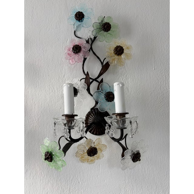 1920s Italian Long Pastel Murano Glass Flowers Dark Bronze Sconces, Circa 1930 For Sale - Image 5 of 13
