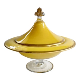 Early 20th Century Art Deco Glass Pedestal Compote or Candy Dish Yellow With Gold Trim, Fleur-De-Lis Handle For Sale