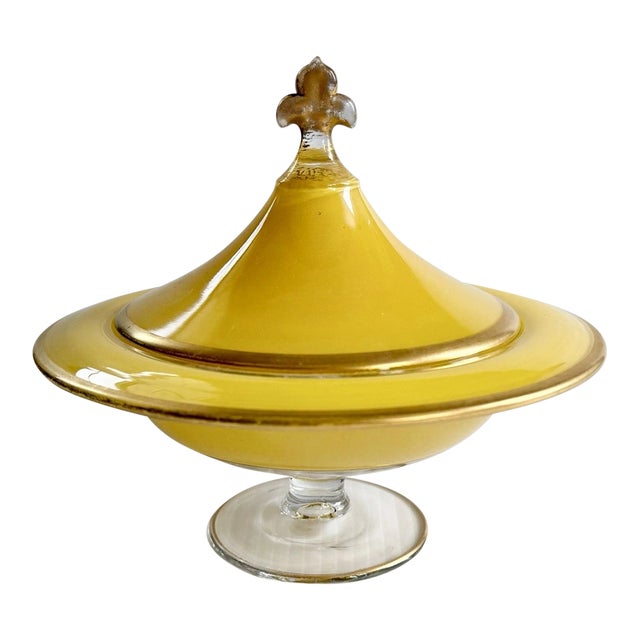 Early 20th Century Art Deco Glass Pedestal Compote or Candy Dish Yellow With Gold Trim, Fleur-De-Lis Handle For Sale