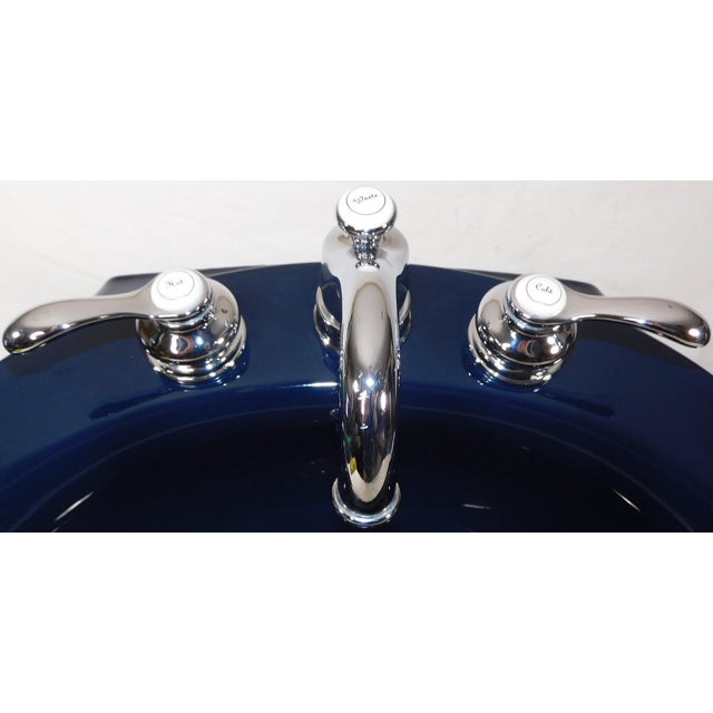 1999 Vintage Kohler Revival Dark Navy Blue Vitreous China Pedestal Sink With Kohler Faucet For Sale - Image 10 of 18